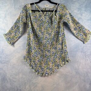 Violeta by Mango Floral Cold Shoulder Pleated Blouse Blue Green Womens Size 14
